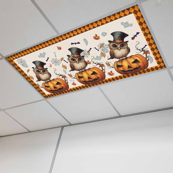 Fluorescent Light Covers for Ceiling Lights Classroom, Vintage Halloween Magnetic Ceiling Light Cover Filter for School,Office, 2X4 FT, Pack of 1, Owl Ghost Bat Pumpkin Orange