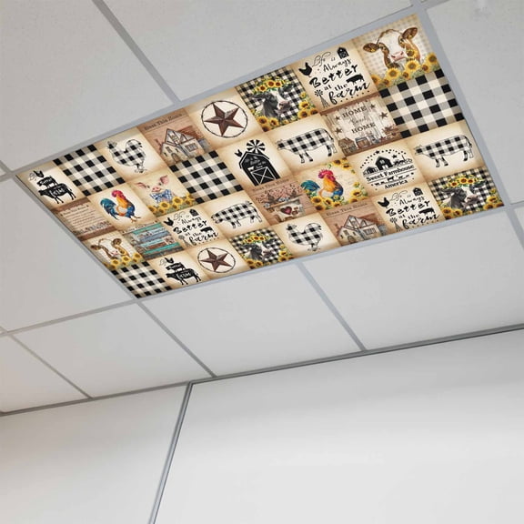 Fluorescent Light Covers for Ceiling Lights Classroom, Vintage Rustic Farmhouse Plaid Magnetic Ceiling Light Cover Filter for School,Office, 2X4 FT, Pack of 1, Farm Animals Barn Stars
