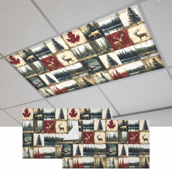 Fluorescent Light Covers for Ceiling Lights Classroom, Vintage Stitching Magnetic Ceiling Light Cover Filter for School,Office, 2X4 FT, Pack of 2, Animal Forest Deer Ship Pattern Brown Green