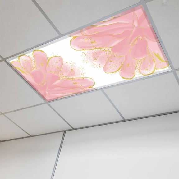 Fluorescent Light Covers for Ceiling Lights Classroom, Watercolor Abstract Floral Magnetic Ceiling Light Cover Filter for School,Office, 2X4 FT, Pack of 1, Pink Gold Lines White