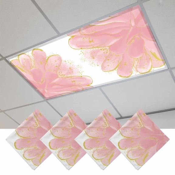 Fluorescent Light Covers for Ceiling Lights Classroom, Watercolor Abstract Floral Magnetic Ceiling Light Cover Filter for School,Office, 2X4 FT, Pack of 4, Pink Gold Lines White