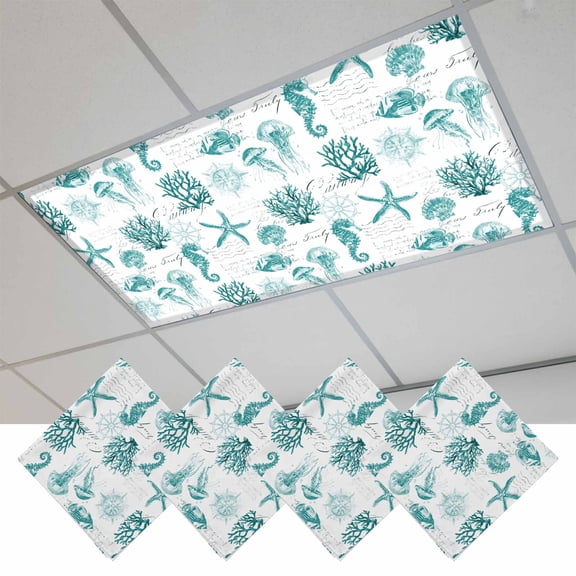 Fluorescent Light Covers for Ceiling Lights Classroom, Watercolor Coastal Magnetic Ceiling Light Cover Filter for School,Office, 2X4 FT, Pack of 4, Seahorse Starfish Pattern Turquoise
