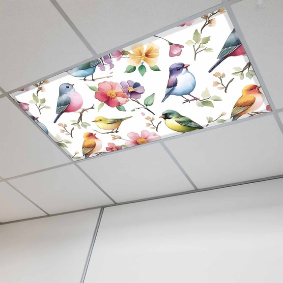 Fluorescent Light Covers for Ceiling Lights Classroom, Watercolor Flowers And Birds Magnetic Ceiling Light Cover Filter for School,Office, 2X4 FT, Pack of 1, Pastel Floral Print