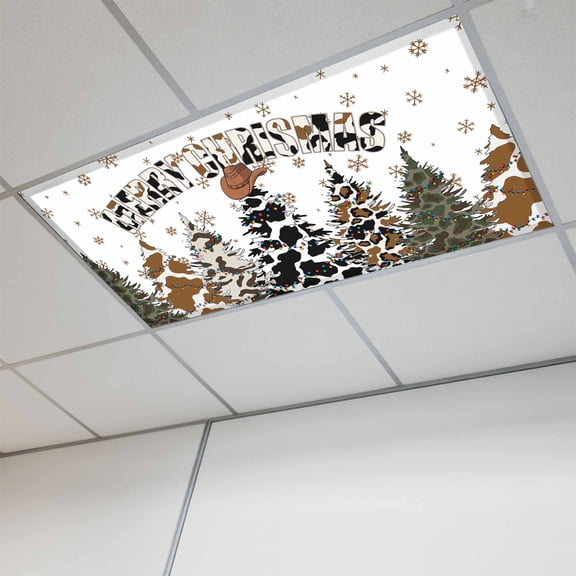 Fluorescent Light Covers for Ceiling Lights Classroom, Western Christmas Magnetic Ceiling Light Cover Filter for School,Office, 2X4 FT, Pack of 1, Cow Texture Christmas Tree Black White Brown