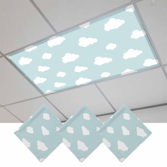 Fluorescent Light Covers for Ceiling Lights Classroom, White Clouds Pattern Magnetic Ceiling Light Cover Filter for School,Office, 2X4 FT, Pack of 3, Sky Blue