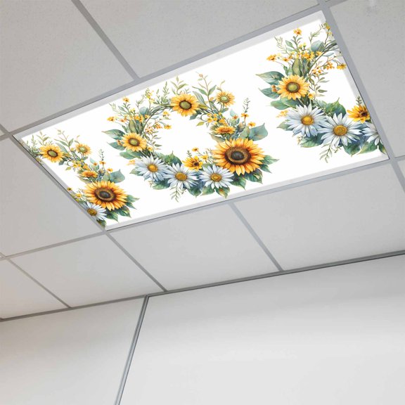 Fluorescent Light Covers for Ceiling Lights Classroom, Yellow Sunflower White Daisy Magnetic Ceiling Light Cover Filter for School,Office, 2X4 FT, Pack of 1, Watercolor Floral