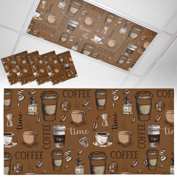 Fluorescent Light Covers for Ceiling Lights Coffee Beans Magnetic Light Filters 4 Pack 4x2 ft Brown Coffee Cups Ceiling Light Cover for Classroom Office School Drop Lamp Decor
