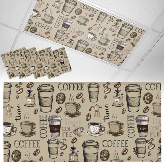 Fluorescent Light Covers for Ceiling Lights Coffee Beans Magnetic Light Filters 4 Pack 4x2 ft Khaki Coffee Cups Ceiling Light Cover for Classroom Office School Drop Lamp Decor