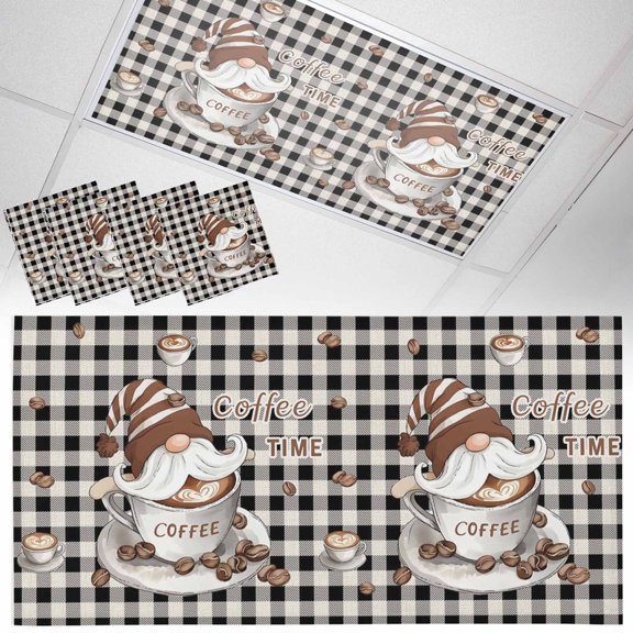 Fluorescent Light Covers for Ceiling Lights Coffee Time Gnome Magnetic Light Filters 4 Pack 4x2 ft Black Buffalo Check Plaid Ceiling Light Cover for Classroom Office School Drop Lamp Decor