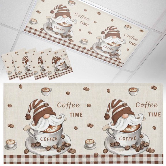 Fluorescent Light Covers for Ceiling Lights Coffee Time Gnome Magnetic Light Filters 4 Pack 4x2 ft Coffee Beans Buffalo Plaid Ceiling Light Cover for Classroom Office School Drop Lamp Decor