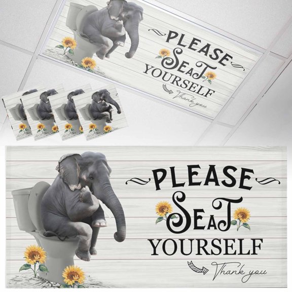 Fluorescent Light Covers for Ceiling Lights Elephant Sitting on The Toilet Magnetic Light Filters 4 Pack 4x2 ft Funny Animal Wood Sunflower Ceiling Light Cover for Classroom Office School Drop Lamp