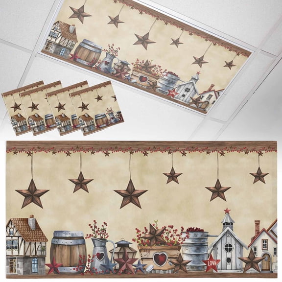 Fluorescent Light Covers for Ceiling Lights Farm Star Barn Magnetic Light Filters 4 Pack 4x2 ft Red Berry Vintage Ceiling Light Cover for Classroom Office School Drop Lamp Decor