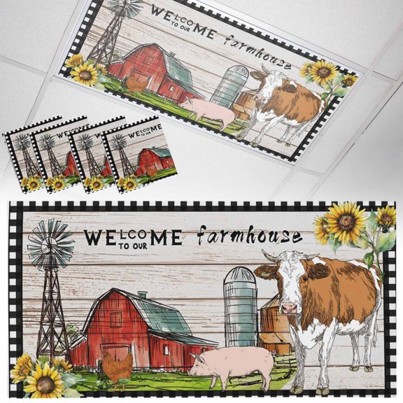 Fluorescent Light Covers for Ceiling Lights Farmhouse Animals Magnetic Light Filters 4 Pack 4x2 ft Barn Windmill Sunflower Plaid Retro Wood Ceiling Light Cover for Classroom Office School Drop Lamp