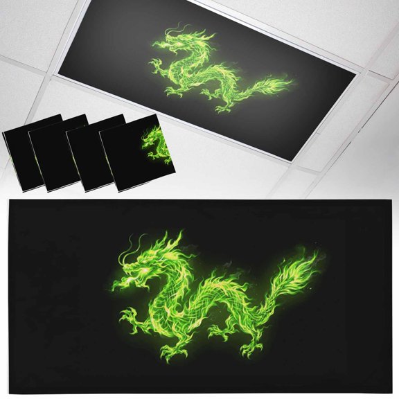 Fluorescent Light Covers for Ceiling Lights Flames Dragon Magnetic Light Filters 4 Pack 4x2 ft Green Modern Art Ceiling Light Cover for Classroom Office School Drop Lamp Decor