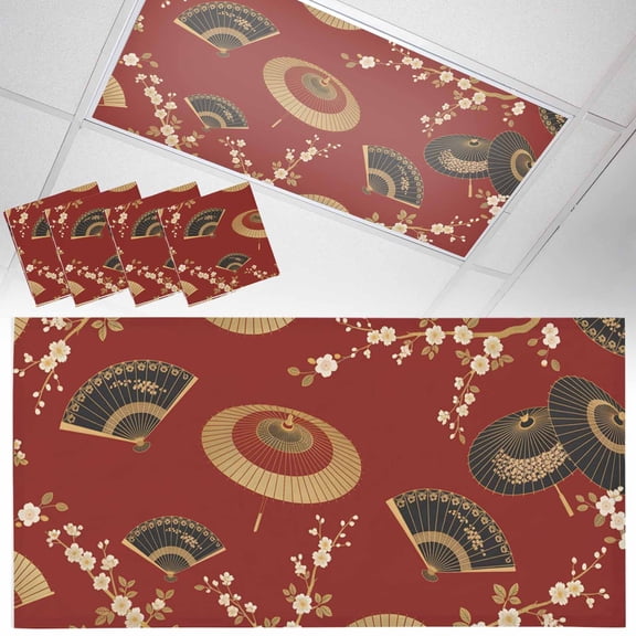 Fluorescent Light Covers for Ceiling Lights Golden Paper Fan Magnetic Light Filters 4 Pack 4x2 ft Cherry Blossom Japanese Style Red Ceiling Light Cover for Classroom Office School Drop Lamp Decor