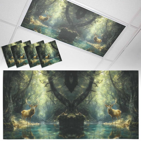 Fluorescent Light Covers for Ceiling Lights Green Forest Deer Magnetic Light Filters 4 Pack 4x2 ft Fantasy Country Ceiling Light Cover for Classroom Office School Drop Lamp Decor