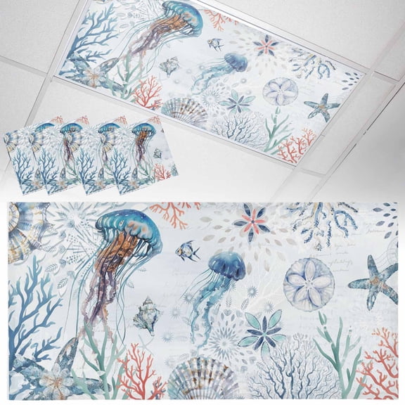 Fluorescent Light Covers for Ceiling Lights Jellyfish Magnetic Light Filters 4 Pack 4x2 ft Shell Coral Fish Marine Life Ceiling Light Cover for Classroom Office School Drop Lamp Decor