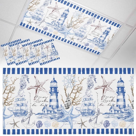 Fluorescent Light Covers for Ceiling Lights Nautical Sailboat Magnetic Light Filters 4 Pack 4x2 ft Lighthouse Anchor Starfish Blue Stripe Ceiling Light Cover for Classroom Office School Drop Lamp