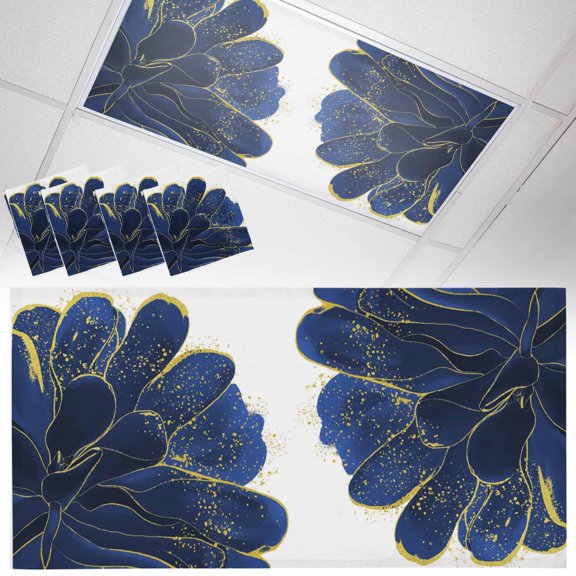 Fluorescent Light Covers for Ceiling Lights Navy Blue Watercolor Floral Magnetic Light Filters 4 Pack 4x2 ft Golden Lines Ceiling Light Cover for Classroom Office School Drop Lamp Decor
