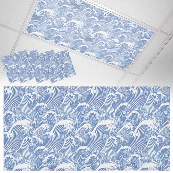 Fluorescent Light Covers for Ceiling Lights Navy Blue Waves Magnetic Light Filters 4 Pack 4x2 ft Ocean Lines Stripes Ceiling Light Cover for Classroom Office School Drop Lamp Decor