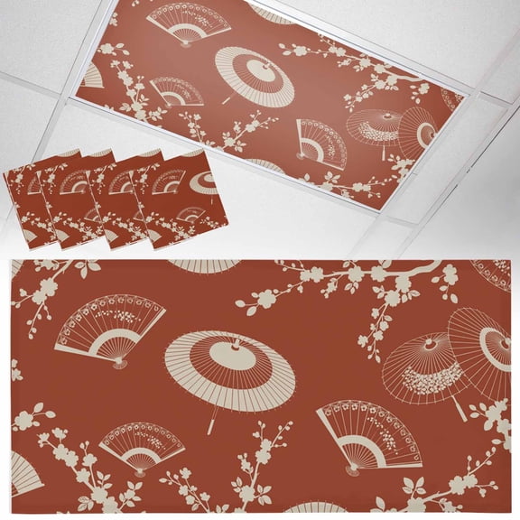 Fluorescent Light Covers for Ceiling Lights Paper Fan Magnetic Light Filters 4 Pack 4x2 ft Cherry Blossom Branch Japanese Style Red Ceiling Light Cover for Classroom Office School Drop Lamp Decor