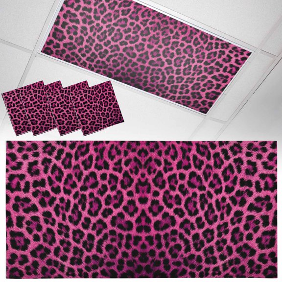 Fluorescent Light Covers for Ceiling Lights Pink Leopard Print Magnetic Light Filters 4 Pack 4x2 ft Retro Animal Fur Pattern Ceiling Light Cover for Classroom Office School Drop Lamp Decor