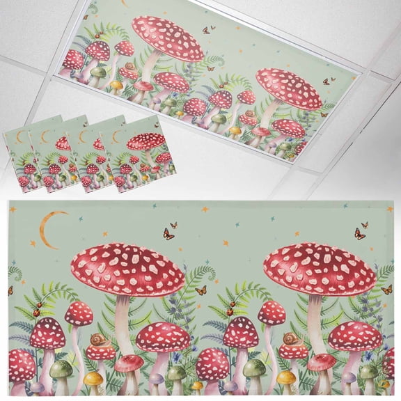Fluorescent Light Covers for Ceiling Lights Red Mushroom Moon Magnetic Light Filters 4 Pack 4x2 ft Butterfly Branch Leaves Green Ceiling Light Cover for Classroom Office School Drop Lamp Decor