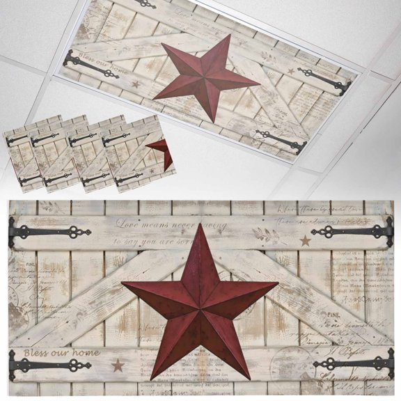 Fluorescent Light Covers for Ceiling Lights Rusty Barn Star Doors Magnetic Light Filters 4 Pack 4x2 ft Red Retro Rustic Walls Ceiling Light Cover for Classroom Office School Drop Lamp Decor