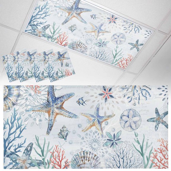 Fluorescent Light Covers for Ceiling Lights Starfish Magnetic Light Filters 4 Pack 4x2 ft Shell Coral Fish Marine Life Ceiling Light Cover for Classroom Office School Drop Lamp Decor