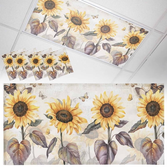 Fluorescent Light Covers for Ceiling Lights Sunflower Magnetic Light Filters 4 Pack 4x2 ft Butterfly Flower Vintage Ceiling Light Cover for Classroom Office School Drop Lamp Decor