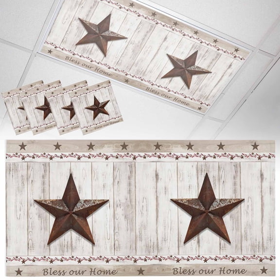 Fluorescent Light Covers for Ceiling Lights Vintage Barn Stars Wood Grain Magnetic Light Filters 4 Pack 4x2 ft Farmhouse Berry Ceiling Light Cover for Classroom Office School Drop Lamp Decor