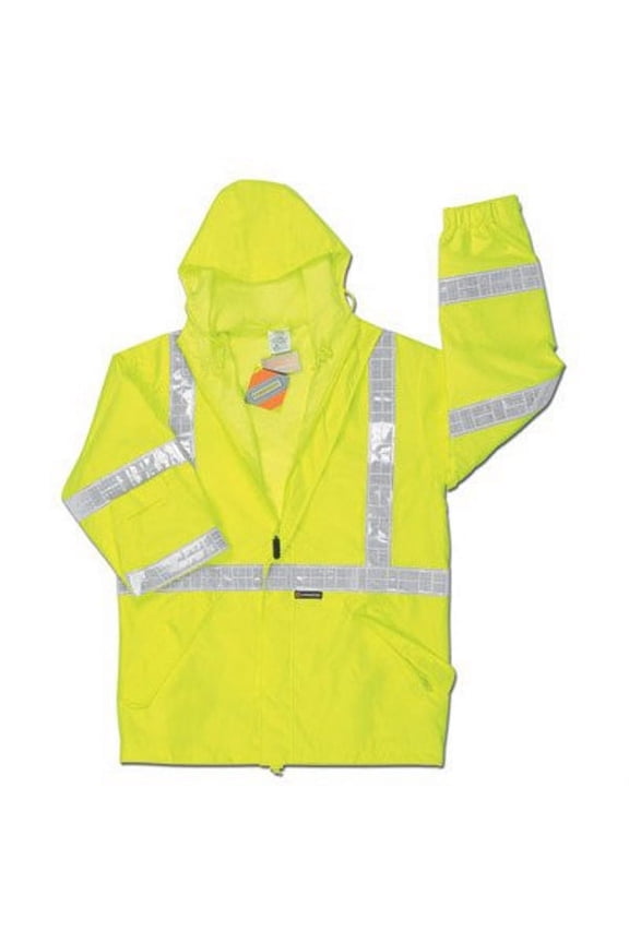 Fluorescent Lime Luminator Polyester And Polyurethane Jacket With Attached Hood And Hi Viz Stripes