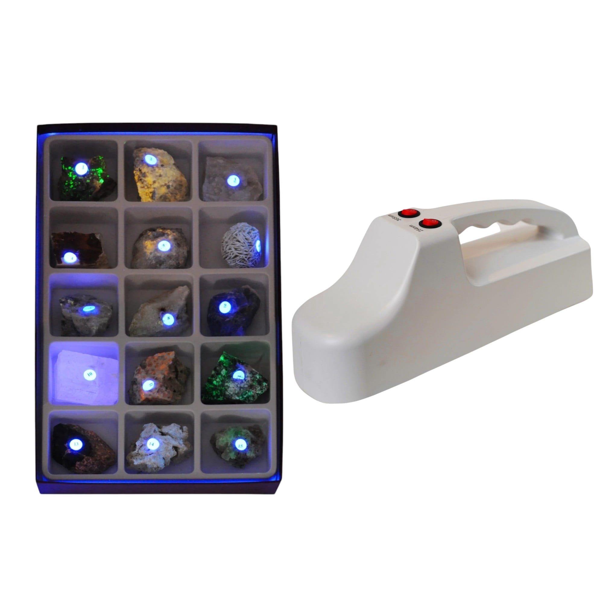 Fluorescent Mineral Specimen & UV Light Kit – Includes 15 Mineral ...