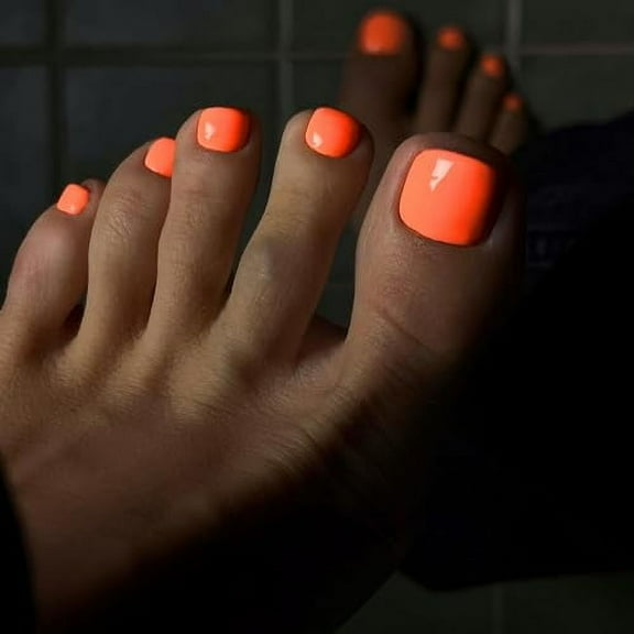 Fluorescent Orange Press on Toenails Short, Glossy Fake Toe Nails Press on Toes Nails Glue on,Toe Acrylic Nails Fake Toenails,Stick on Toe Tails for Women in 24 PCS