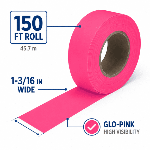 Fluorescent Pink Flagging Tape, 150 ft x 1-3/16 in, High-Visibility Marking Ribbon for Construction and Surveying