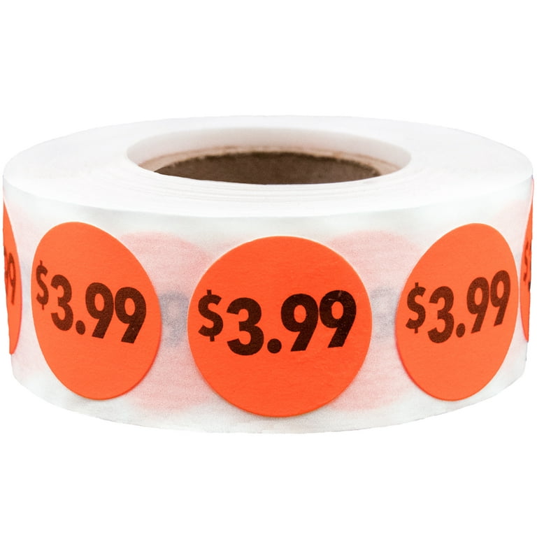 Fluorescent Red $3.99 Pricing Stickers, 0.75 Inch Round
