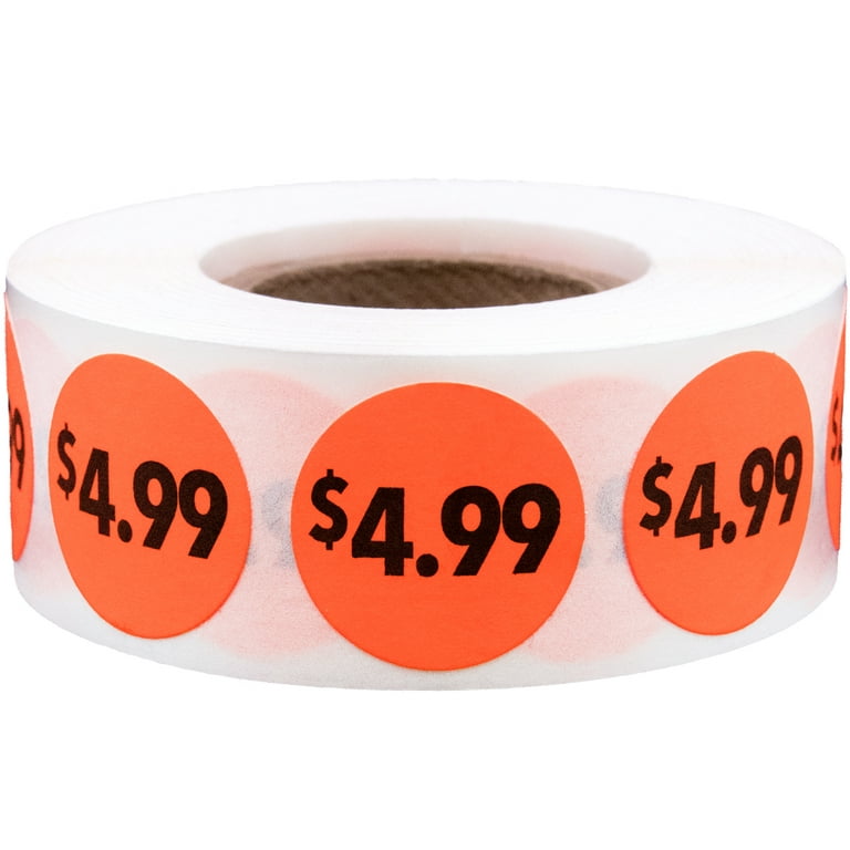 Fluorescent Red $4.99 Pricing Stickers, 0.75 Inch Round