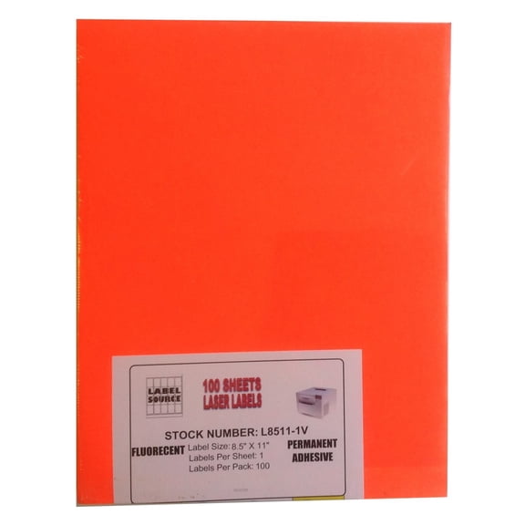Fluorescent Red Laser Labels, 8.5" x 11", Full Sheet Label, Permanent Adhesive (L8511-1V-RF) - 100 Sheets