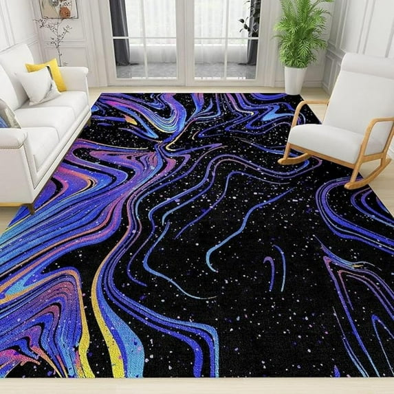 Fluorescent Starry Sky Abstract Purple Black Area Rugs, Ink Swirl Stripe Art Soft Washable Carpet, Upholstery Rug With Non-Slip Backing For Bedroom Living Room Dining Room 2x3ft