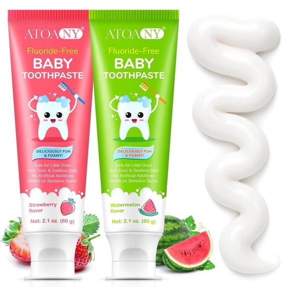 Fluoride-Free Baby Toothpaste, Mild Formula, Safe to Swallow, Gentle and Effective Cleaning, Does Not Contain any Harsh Chemicals - 2Pack(Strawberry & Watermelon)