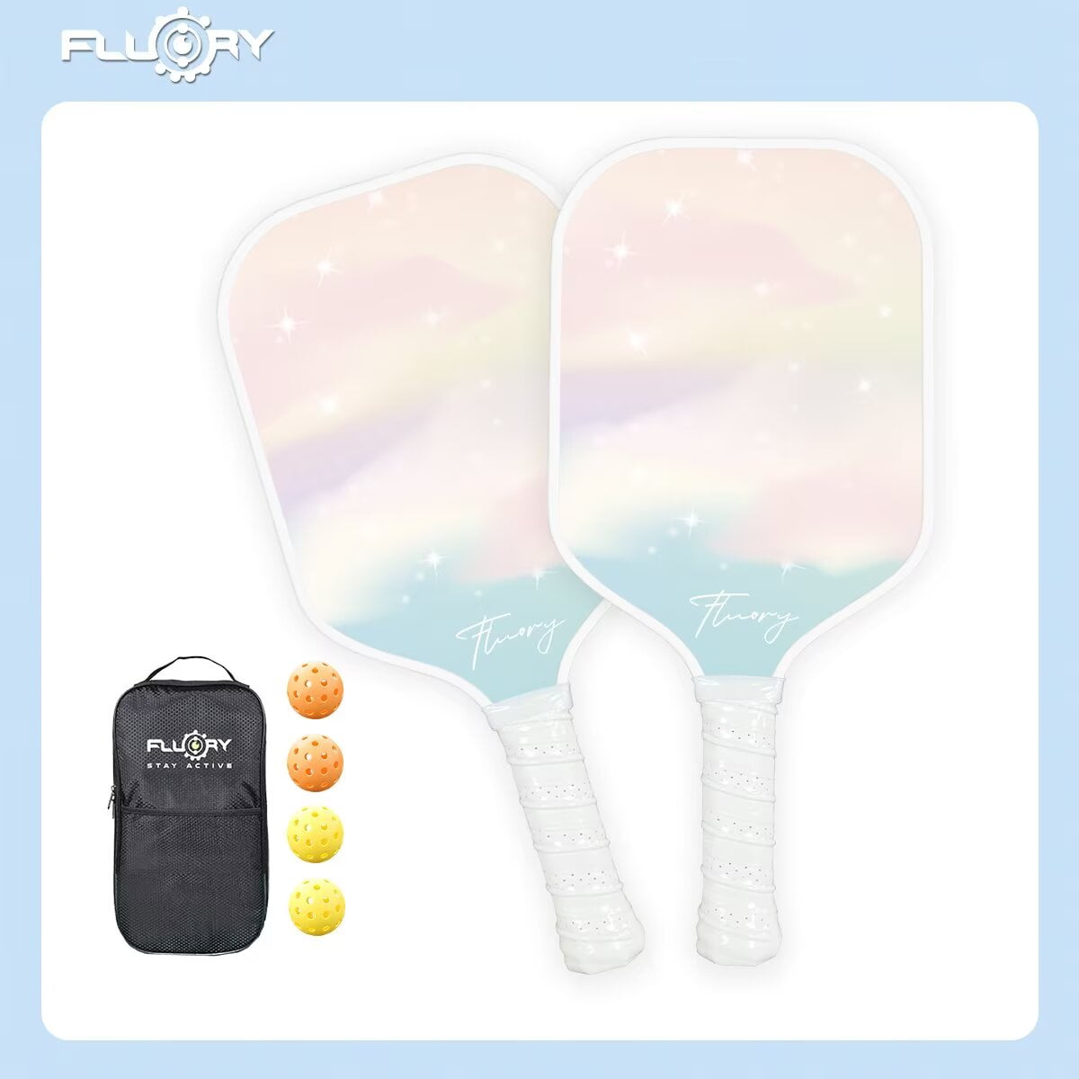 Fluory Glass Fibre Pickleball Paddles Set, 2 Pickle Ball Rackets with 4 Balls and A Bag, Lightweight