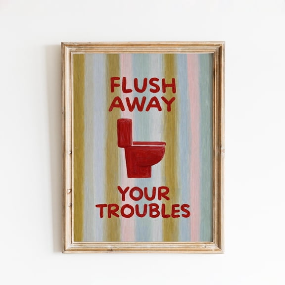 Flush Away Your Troubles Poster, Funny Bathroom Wall Art, Bold Red Toilet Print, Minimal Stripe Bathroom Decor , Poster Print Only