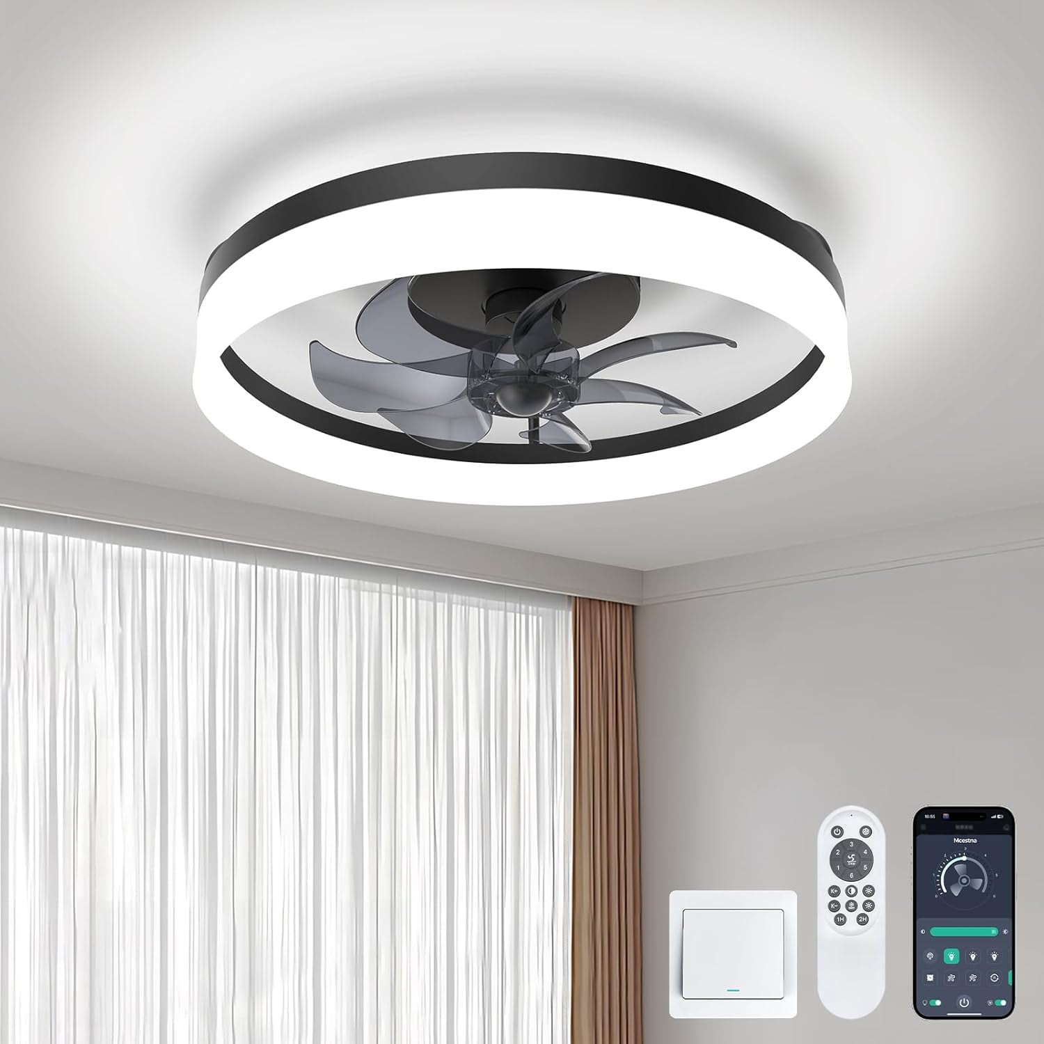 Black Low Profile 20" Ceiling Fan with Light and Remote