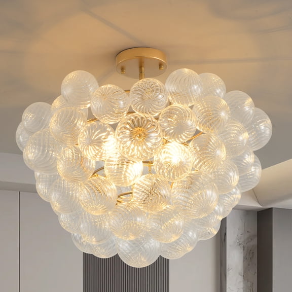Flush Mount Ceiling Bubble Ball Gold Pendant Light Chandelier 22.8in with Threaded Clear Glass Globe Shade (Non Adjustable Height)