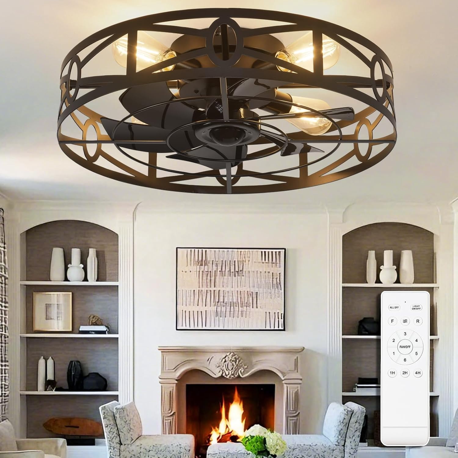 Flush Mount Ceiling Fan: 20" Caged Ceiling Fans with Remote Control for ...