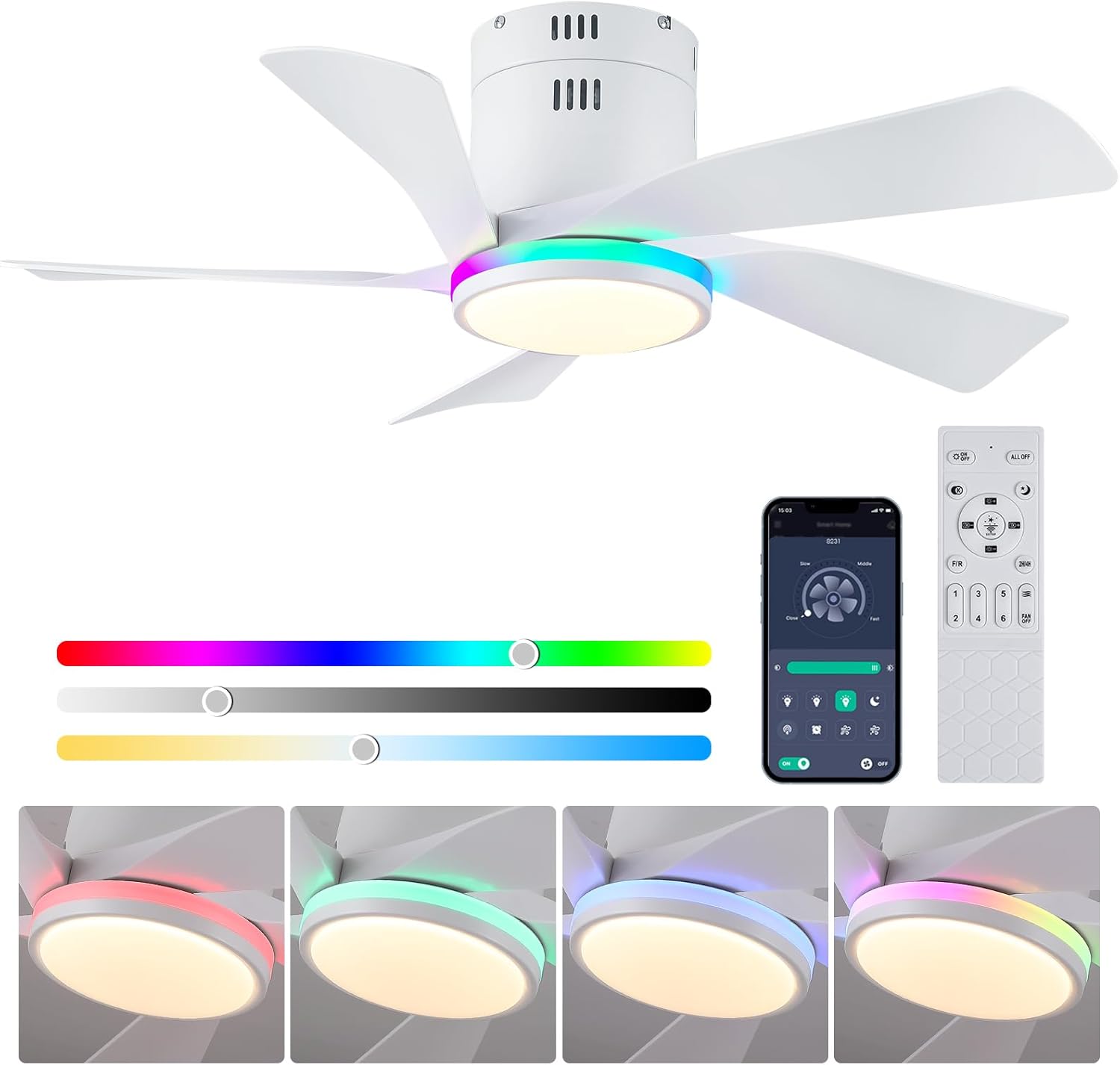 Flush Mount Ceiling Fan with RGB Ring Light, 36" White Modern Ceiling