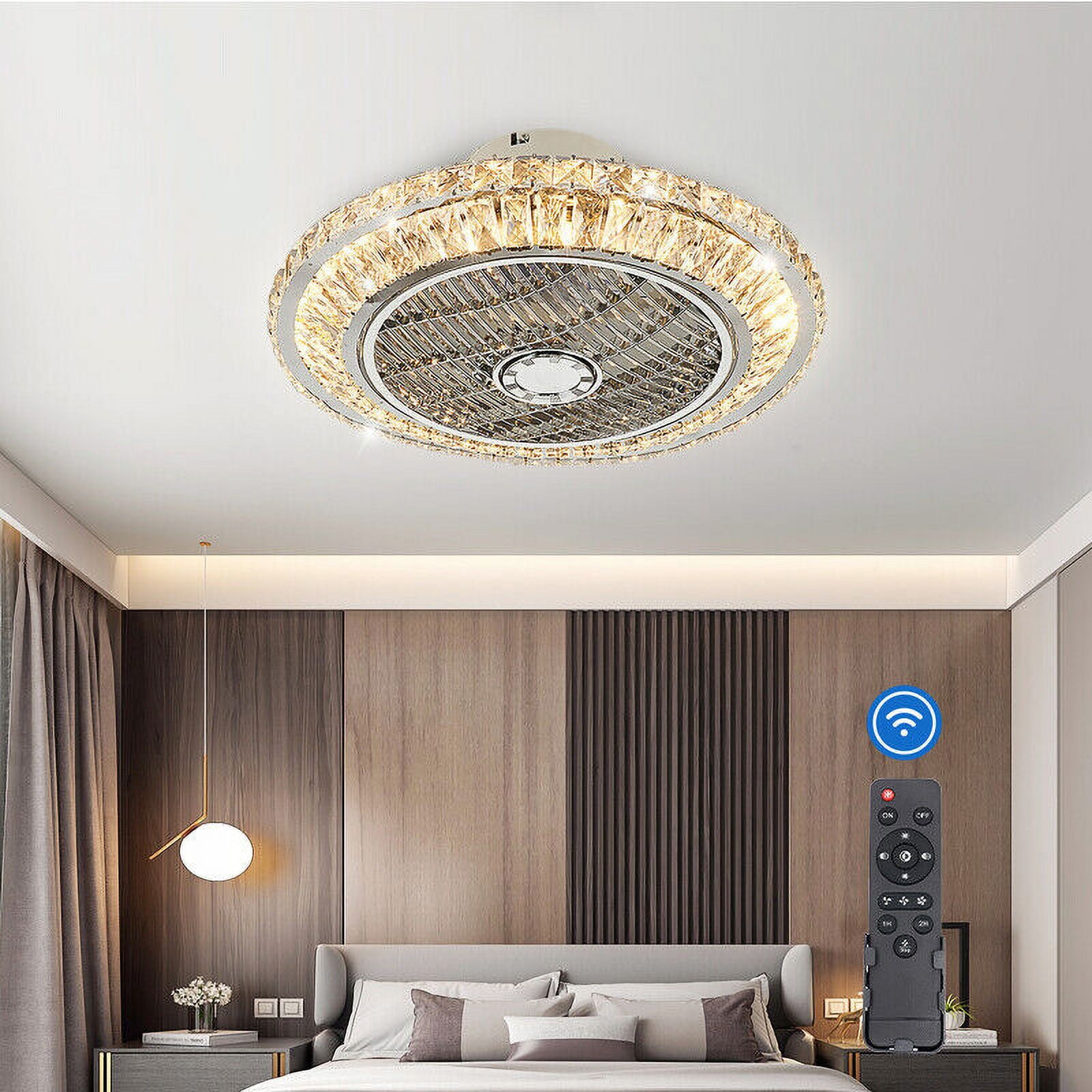 Flush Mount Ceiling Fan With Light, 20'' Crystal LED Ceiling Fan Light