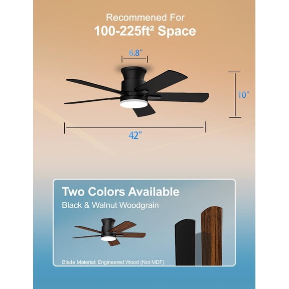 Flush Mount Ceiling Fans with Lights 42 Inch, Remote Control, 3CCT Dimmable, 6 Speeds, Noiseless Reversible Motor, Low Hugger Black Ceiling Fan for Living Room, , Indoor/Outdoor
