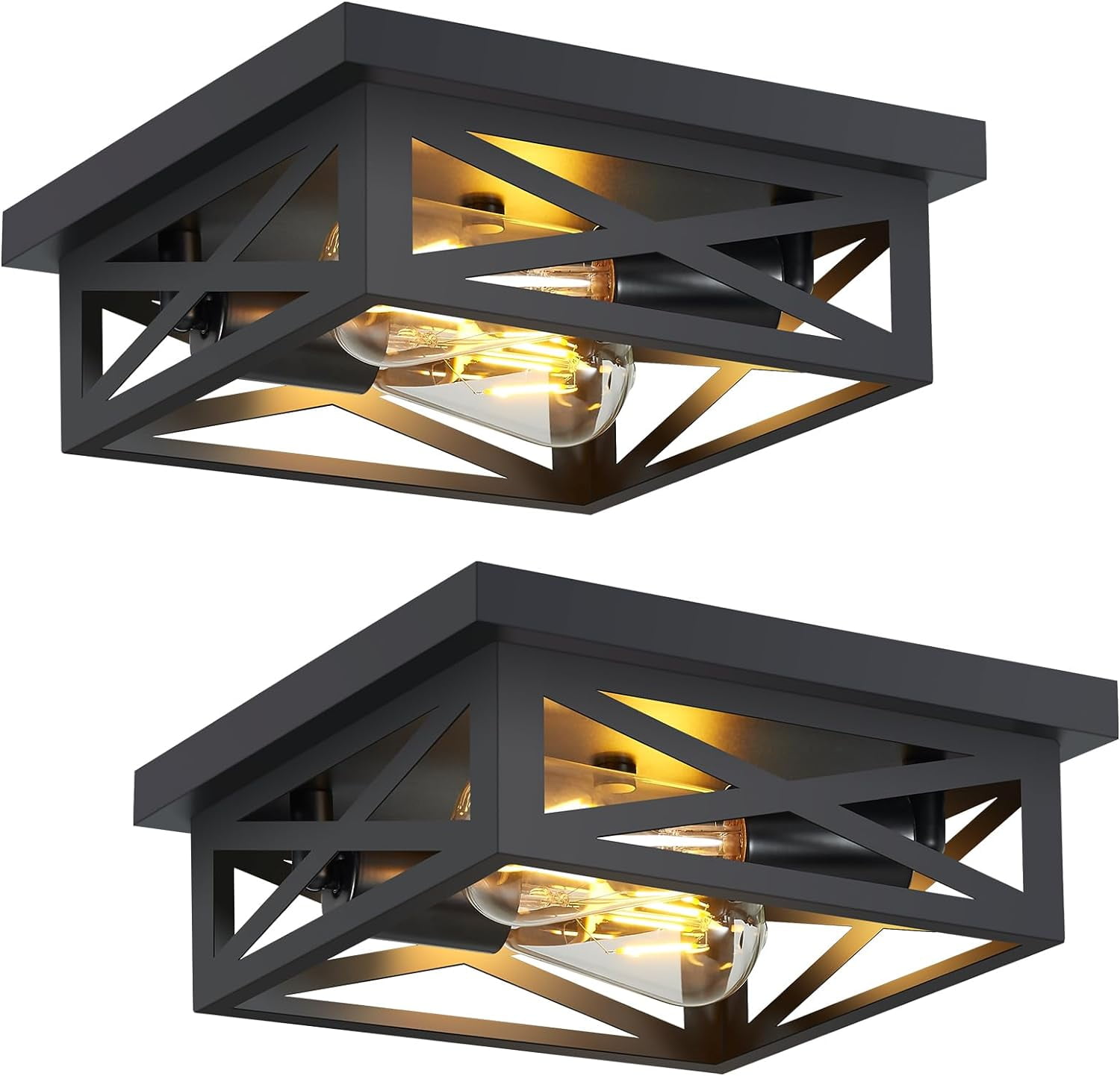EAPUDUN 12" Flush Mount Ceiling Light | 2-Light Farmhouse Fixture In Black & Wood Finish