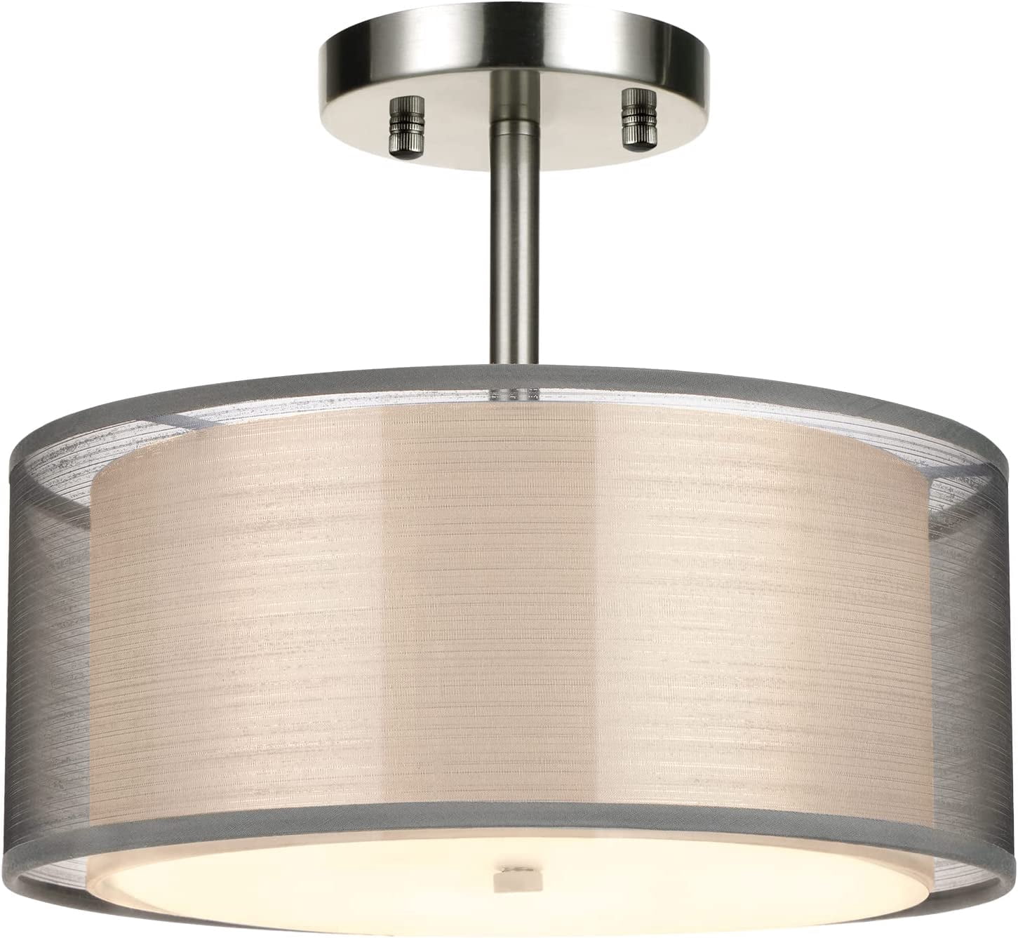 FRIDEKO HOME 12inch Semi Flush Mount Ceiling Light, Double Fabric Shade, 3-Lights Modern Drum Light Fixture for Hallway, Living Room, Bedroom (Without Bulbs)